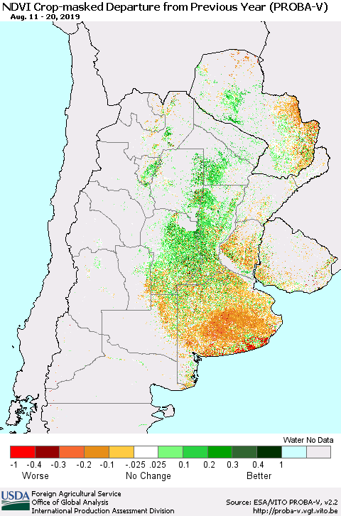 Southern South America NDVI Crop-masked Departure from Previous Year (PROBA-V) Thematic Map For 8/11/2019 - 8/20/2019