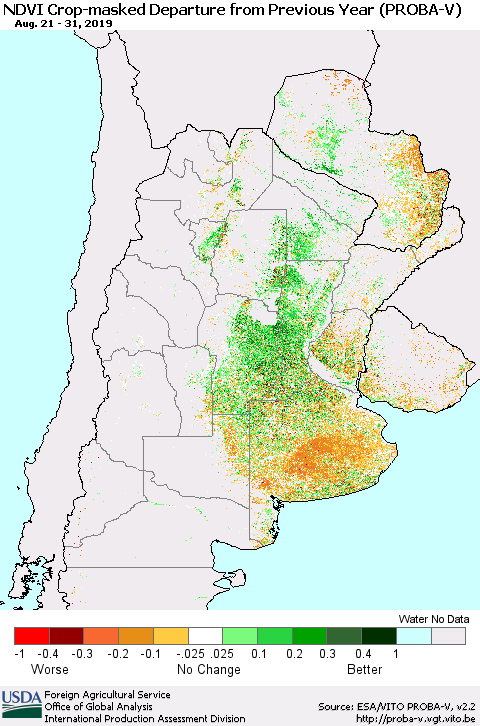 Southern South America NDVI Crop-masked Departure from Previous Year (PROBA-V) Thematic Map For 8/21/2019 - 8/31/2019