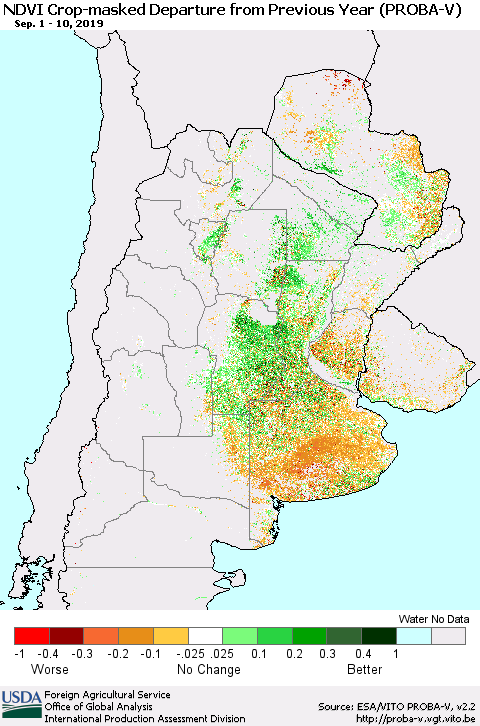 Southern South America NDVI Crop-masked Departure from Previous Year (PROBA-V) Thematic Map For 9/1/2019 - 9/10/2019