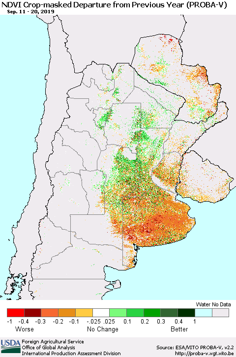 Southern South America NDVI Crop-masked Departure from Previous Year (PROBA-V) Thematic Map For 9/11/2019 - 9/20/2019