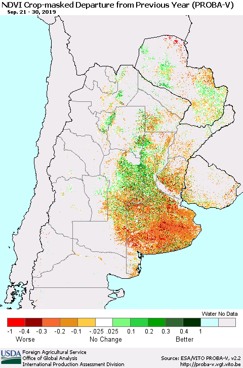 Southern South America NDVI Crop-masked Departure from Previous Year (PROBA-V) Thematic Map For 9/21/2019 - 9/30/2019