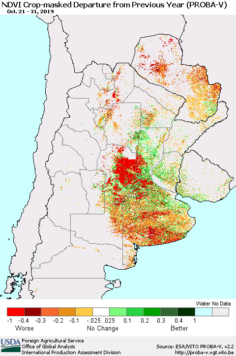Southern South America NDVI Crop-masked Departure from Previous Year (PROBA-V) Thematic Map For 10/21/2019 - 10/31/2019