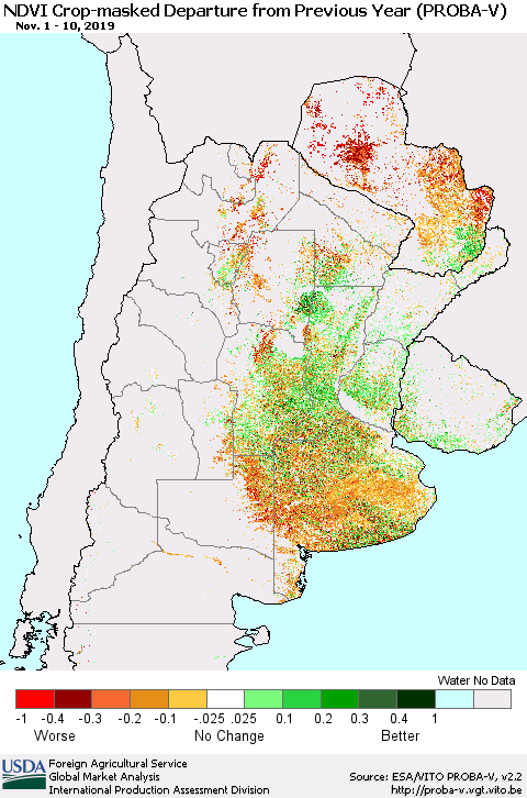 Southern South America NDVI Crop-masked Departure from Previous Year (PROBA-V) Thematic Map For 11/1/2019 - 11/10/2019