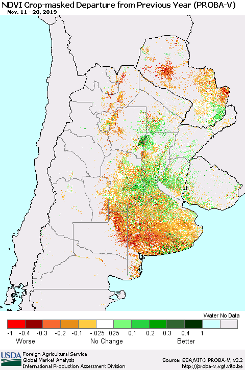 Southern South America NDVI Crop-masked Departure from Previous Year (PROBA-V) Thematic Map For 11/11/2019 - 11/20/2019