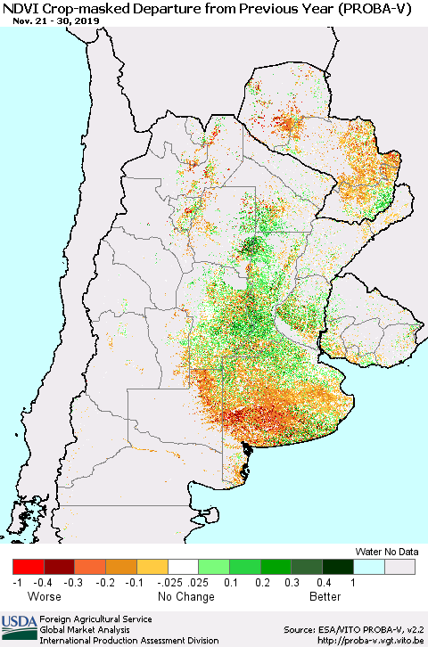 Southern South America NDVI Crop-masked Departure from Previous Year (PROBA-V) Thematic Map For 11/21/2019 - 11/30/2019
