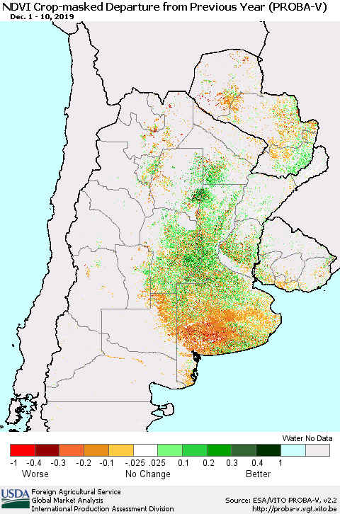 Southern South America NDVI Crop-masked Departure from Previous Year (PROBA-V) Thematic Map For 12/1/2019 - 12/10/2019