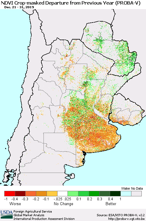 Southern South America NDVI Crop-masked Departure from Previous Year (PROBA-V) Thematic Map For 12/21/2019 - 12/31/2019
