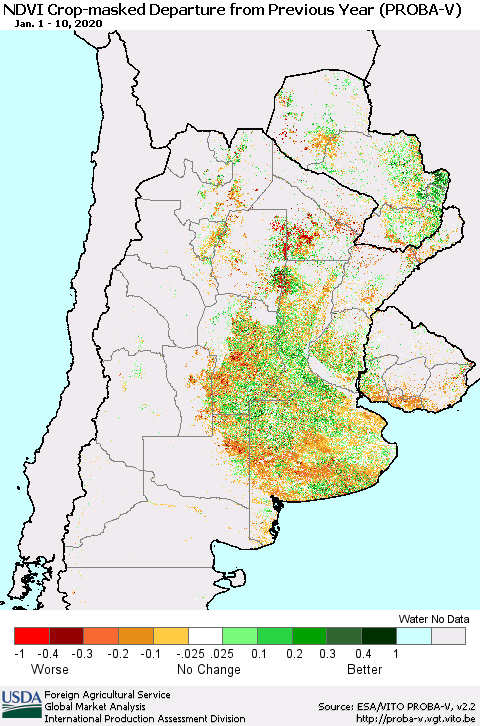 Southern South America NDVI Crop-masked Departure from Previous Year (PROBA-V) Thematic Map For 1/1/2020 - 1/10/2020