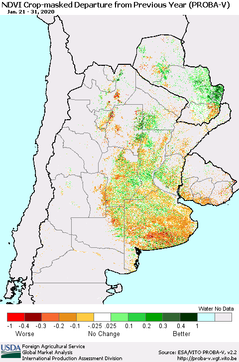Southern South America NDVI Crop-masked Departure from Previous Year (PROBA-V) Thematic Map For 1/21/2020 - 1/31/2020