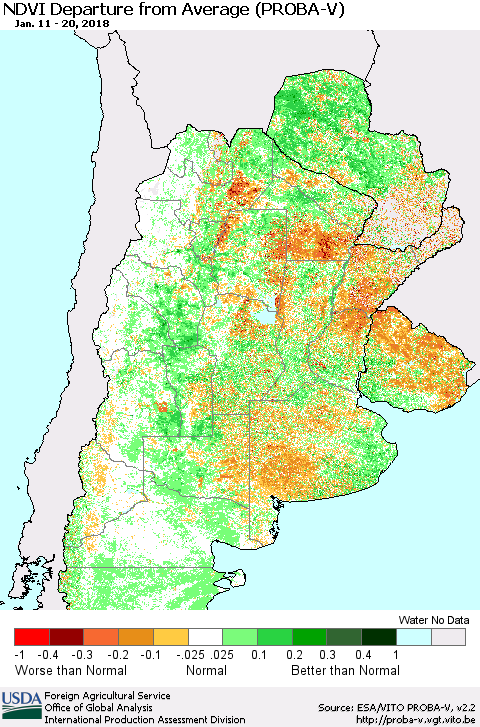 Southern South America NDVI Departure from Average (PROBA-V) Thematic Map For 1/11/2018 - 1/20/2018