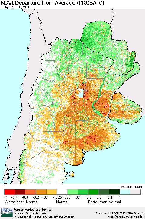 Southern South America NDVI Departure from Average (PROBA-V) Thematic Map For 4/1/2018 - 4/10/2018