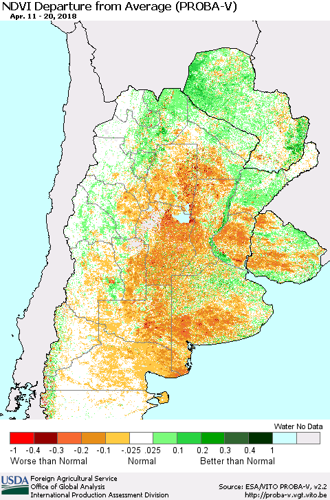 Southern South America NDVI Departure from Average (PROBA-V) Thematic Map For 4/11/2018 - 4/20/2018