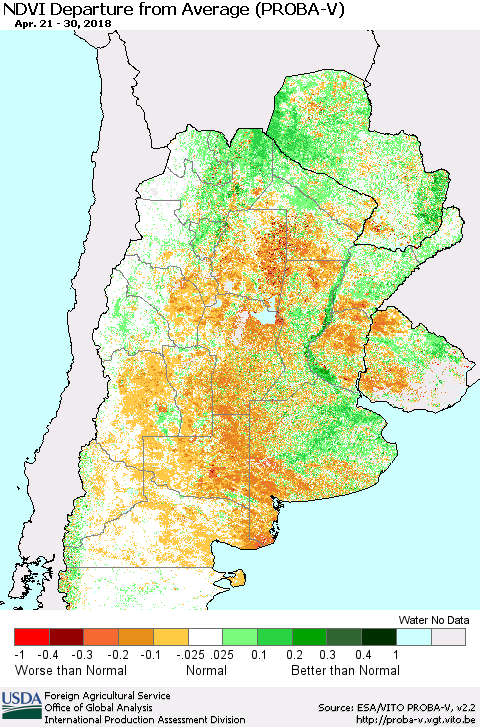 Southern South America NDVI Departure from Average (PROBA-V) Thematic Map For 4/21/2018 - 4/30/2018