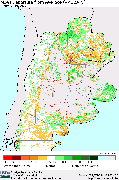 Southern South America NDVI Departure from Average (PROBA-V) Thematic Map For 5/1/2018 - 5/10/2018