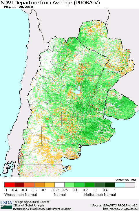 Southern South America NDVI Departure from Average (PROBA-V) Thematic Map For 5/11/2018 - 5/20/2018