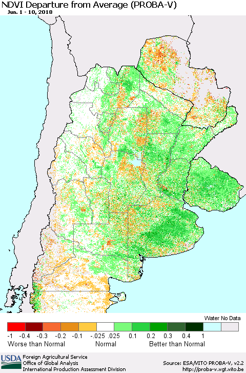 Southern South America NDVI Departure from Average (PROBA-V) Thematic Map For 6/1/2018 - 6/10/2018