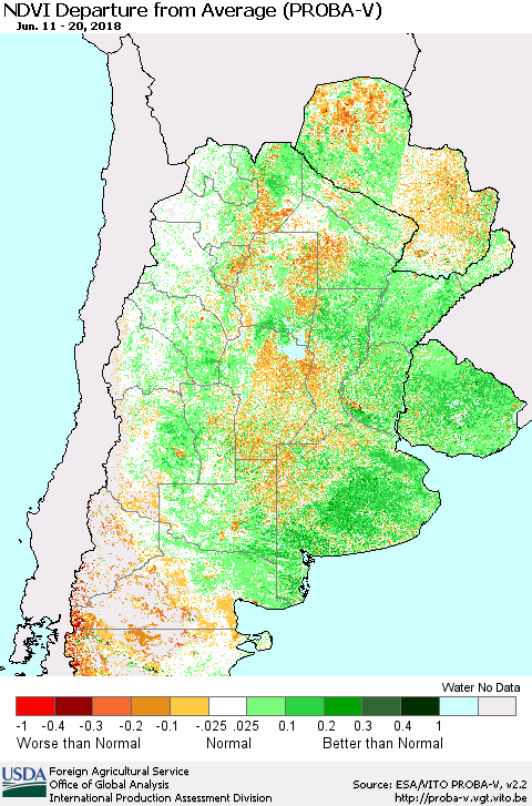 Southern South America NDVI Departure from Average (PROBA-V) Thematic Map For 6/11/2018 - 6/20/2018