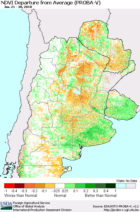 Southern South America NDVI Departure from Average (PROBA-V) Thematic Map For 6/21/2018 - 6/30/2018