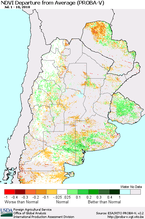 Southern South America NDVI Departure from Average (PROBA-V) Thematic Map For 7/1/2018 - 7/10/2018