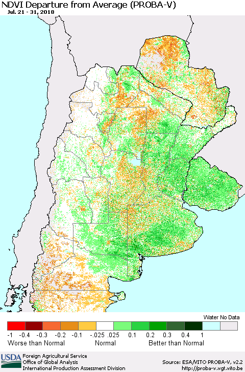 Southern South America NDVI Departure from Average (PROBA-V) Thematic Map For 7/21/2018 - 7/31/2018