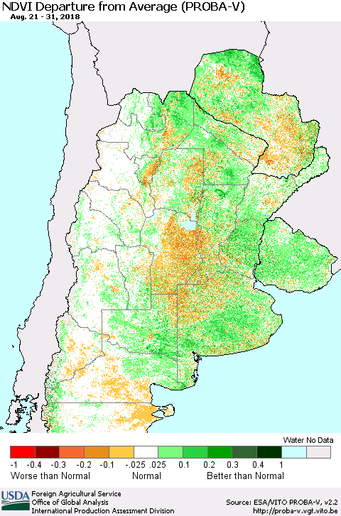 Southern South America NDVI Departure from Average (PROBA-V) Thematic Map For 8/21/2018 - 8/31/2018
