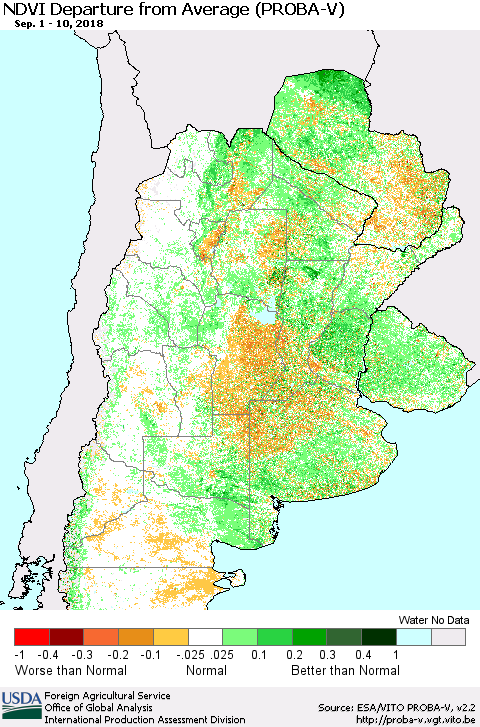 Southern South America NDVI Departure from Average (PROBA-V) Thematic Map For 9/1/2018 - 9/10/2018