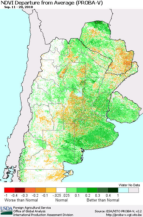 Southern South America NDVI Departure from Average (PROBA-V) Thematic Map For 9/11/2018 - 9/20/2018