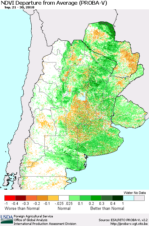 Southern South America NDVI Departure from Average (PROBA-V) Thematic Map For 9/21/2018 - 9/30/2018