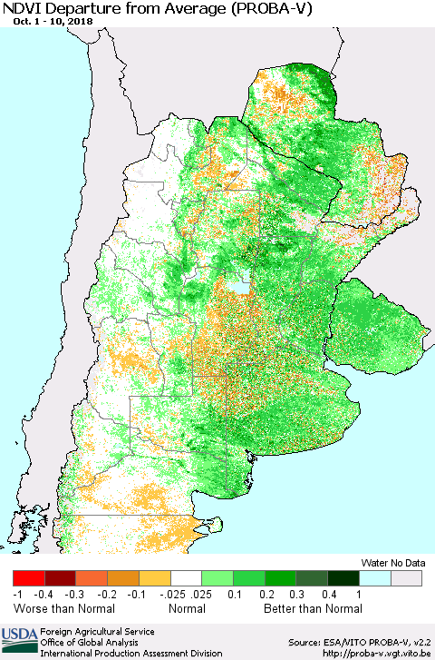 Southern South America NDVI Departure from Average (PROBA-V) Thematic Map For 10/1/2018 - 10/10/2018