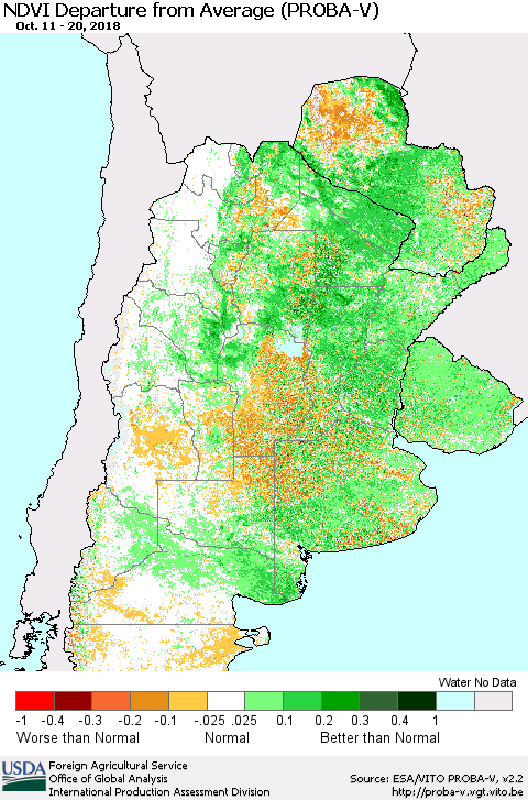 Southern South America NDVI Departure from Average (PROBA-V) Thematic Map For 10/11/2018 - 10/20/2018