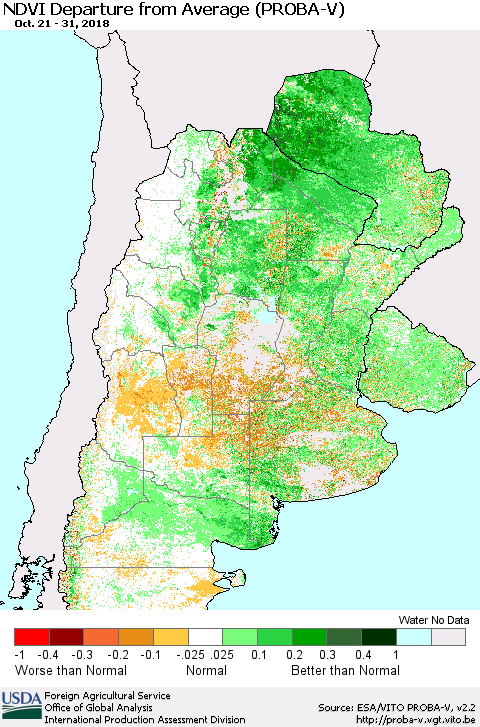 Southern South America NDVI Departure from Average (PROBA-V) Thematic Map For 10/21/2018 - 10/31/2018
