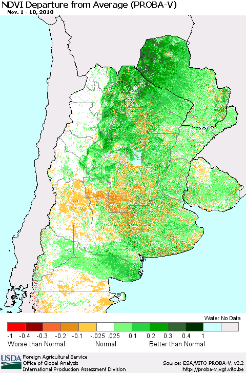 Southern South America NDVI Departure from Average (PROBA-V) Thematic Map For 11/1/2018 - 11/10/2018