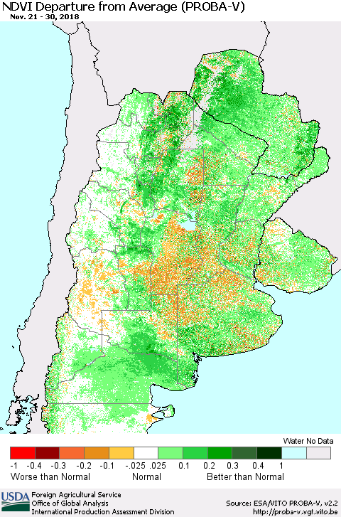 Southern South America NDVI Departure from Average (PROBA-V) Thematic Map For 11/21/2018 - 11/30/2018