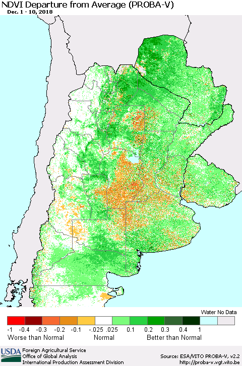 Southern South America NDVI Departure from Average (PROBA-V) Thematic Map For 12/1/2018 - 12/10/2018