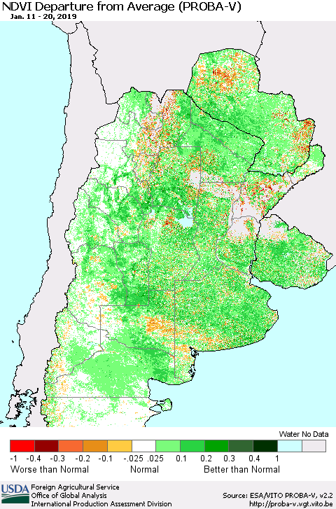 Southern South America NDVI Departure from Average (PROBA-V) Thematic Map For 1/11/2019 - 1/20/2019