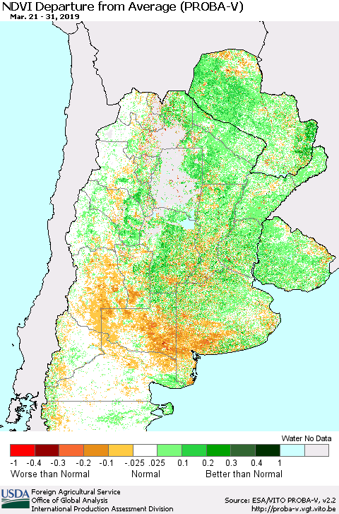 Southern South America NDVI Departure from Average (PROBA-V) Thematic Map For 3/21/2019 - 3/31/2019