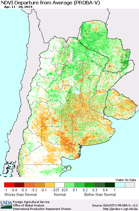 Southern South America NDVI Departure from Average (PROBA-V) Thematic Map For 4/11/2019 - 4/20/2019