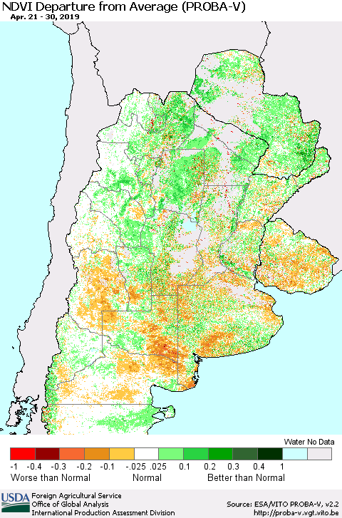 Southern South America NDVI Departure from Average (PROBA-V) Thematic Map For 4/21/2019 - 4/30/2019
