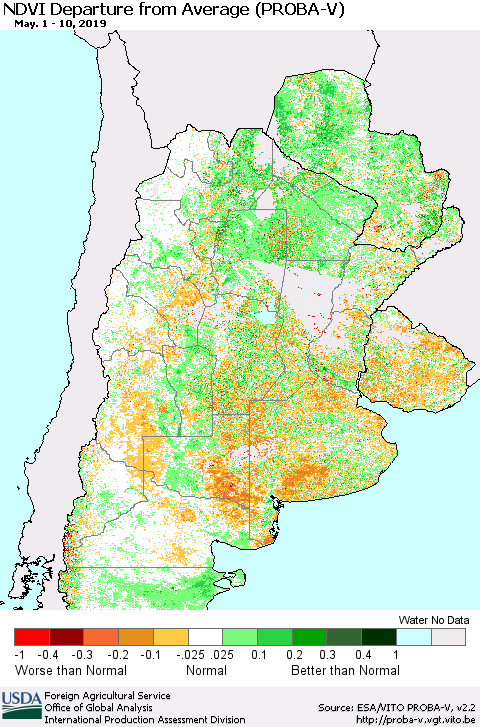 Southern South America NDVI Departure from Average (PROBA-V) Thematic Map For 5/1/2019 - 5/10/2019