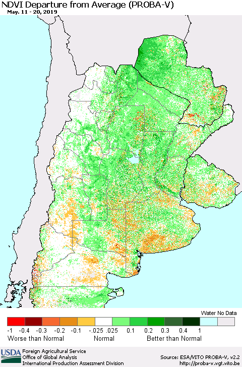 Southern South America NDVI Departure from Average (PROBA-V) Thematic Map For 5/11/2019 - 5/20/2019