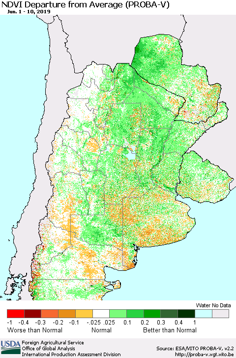Southern South America NDVI Departure from Average (PROBA-V) Thematic Map For 6/1/2019 - 6/10/2019