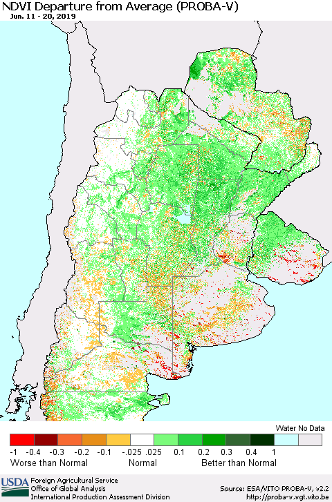 Southern South America NDVI Departure from Average (PROBA-V) Thematic Map For 6/11/2019 - 6/20/2019
