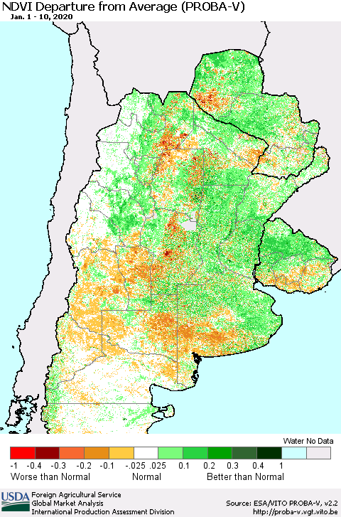 Southern South America NDVI Departure from Average (PROBA-V) Thematic Map For 1/1/2020 - 1/10/2020
