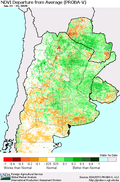 Southern South America NDVI Departure from Average (PROBA-V) Thematic Map For 1/21/2020 - 1/31/2020