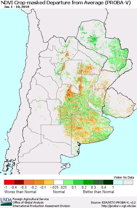 Southern South America NDVI Crop-masked Departure from Average (PROBA-V) Thematic Map For 1/1/2018 - 1/10/2018