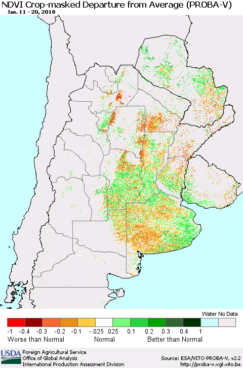 Southern South America NDVI Crop-masked Departure from Average (PROBA-V) Thematic Map For 1/11/2018 - 1/20/2018