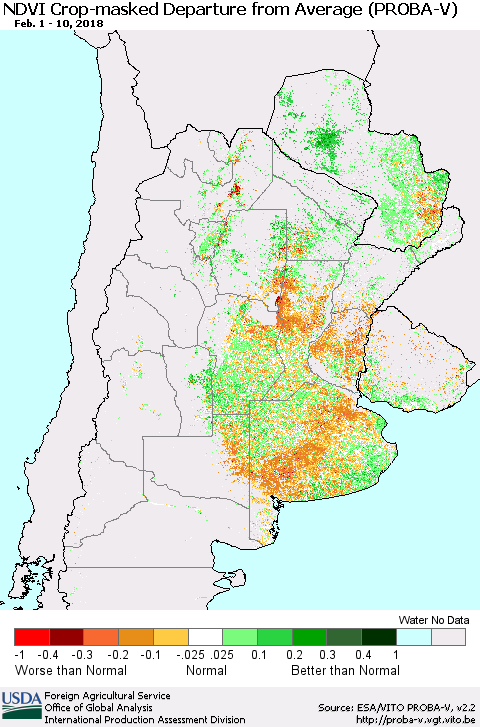 Southern South America NDVI Crop-masked Departure from Average (PROBA-V) Thematic Map For 2/1/2018 - 2/10/2018