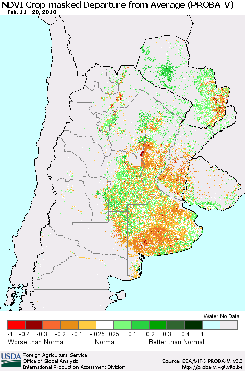 Southern South America NDVI Crop-masked Departure from Average (PROBA-V) Thematic Map For 2/11/2018 - 2/20/2018