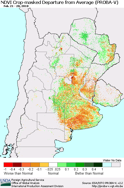 Southern South America NDVI Crop-masked Departure from Average (PROBA-V) Thematic Map For 2/21/2018 - 2/28/2018