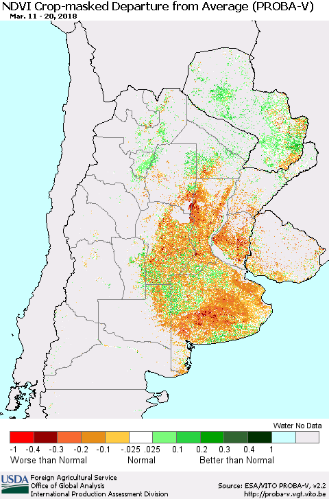 Southern South America NDVI Crop-masked Departure from Average (PROBA-V) Thematic Map For 3/11/2018 - 3/20/2018